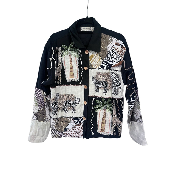 New Direction Vintage Safari Zebra Embroidered Jacket Size Medium Linen Cotton - Picture 1 of 8